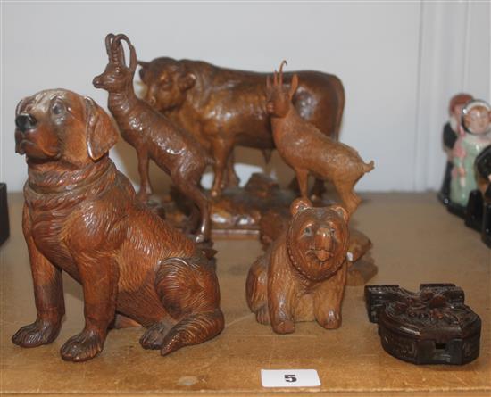 Carved Black Forest bear & other animals, etc